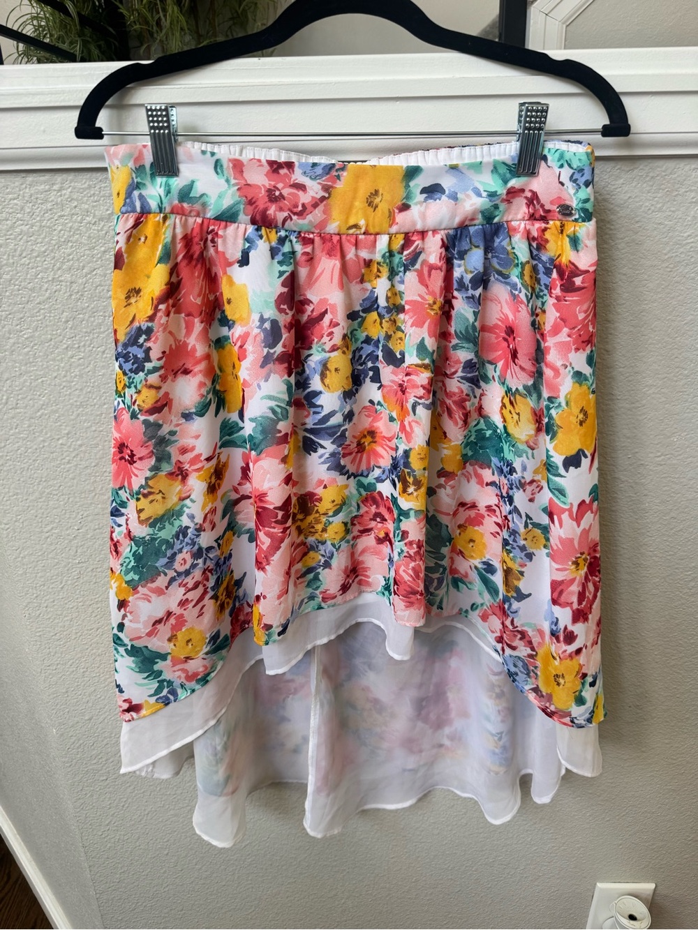 Guess Floral High-Low Skirt in White, Pink, Yellow, Green, Blue